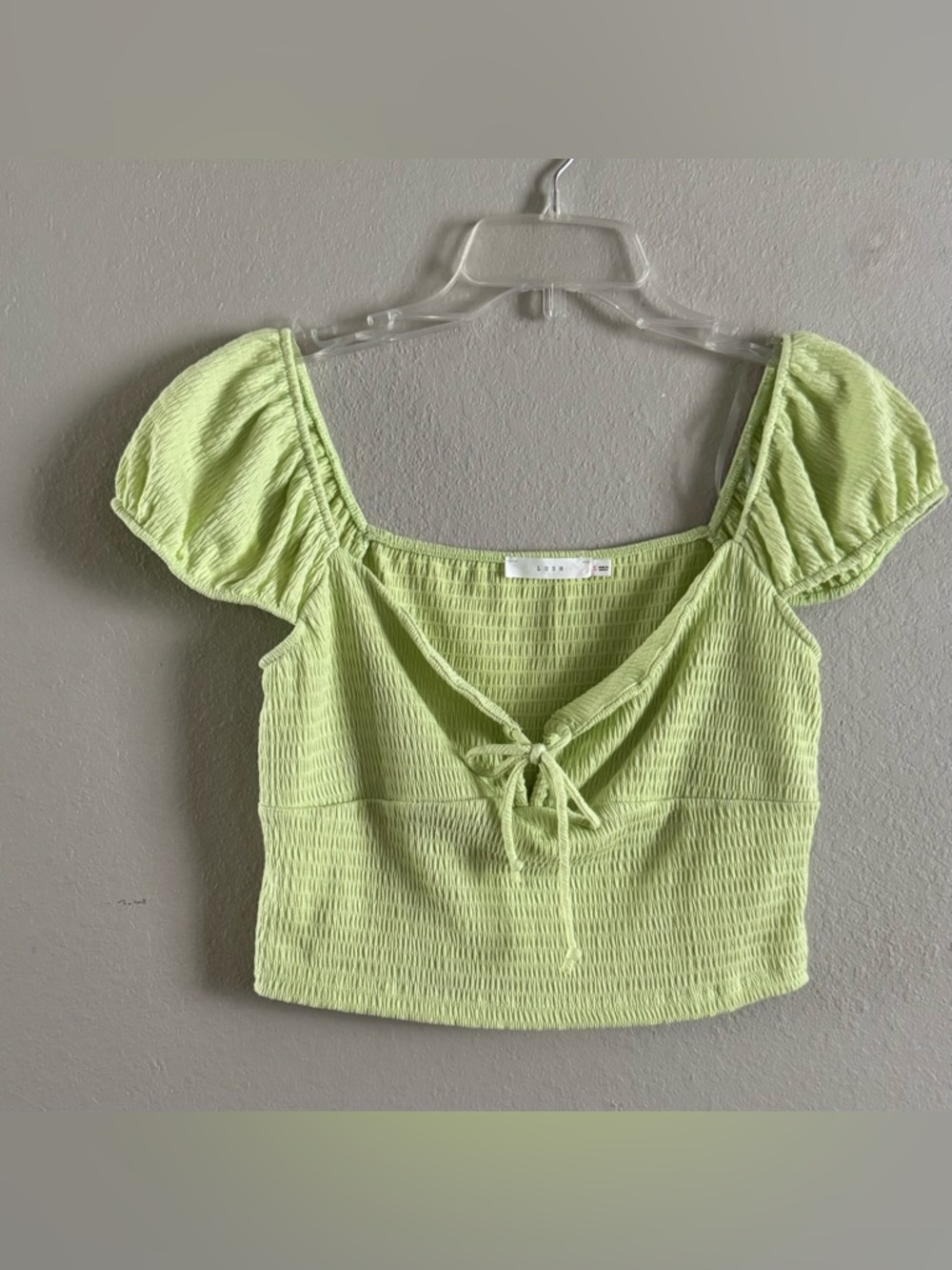 Lush Lime Green Smocked Puff Sleeve Crop Top Tie Front Size Large Cottage core